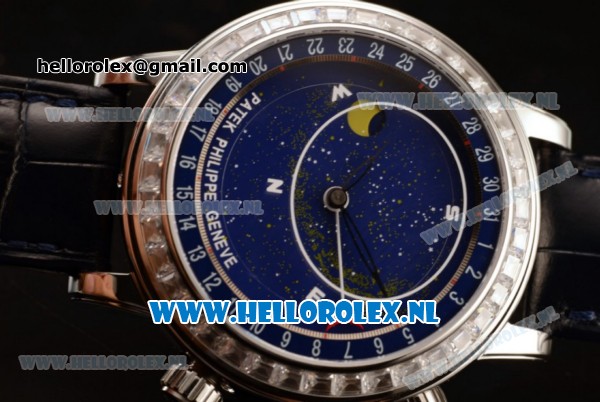 Patek Philippe Grand Complication Sky Moon Celestial Compass Miyota 9015 Automatic Steel Case with Blue Dial and Black Genuine Leather Strap (GF) - Click Image to Close